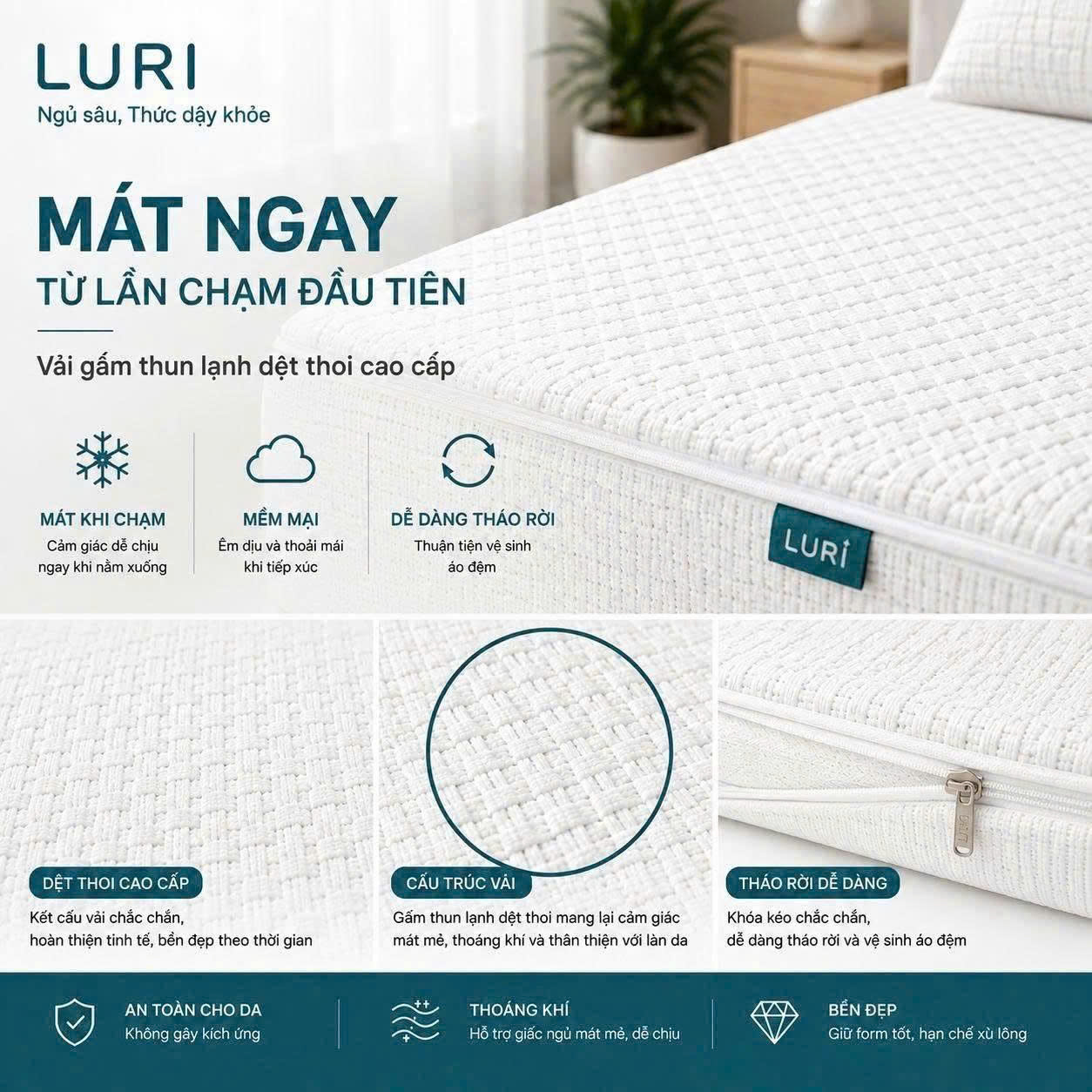 Infographic vải gấm thun lạnh dệt thoi, bề mặt dệt và khoá kéo tháo rời áo đệm