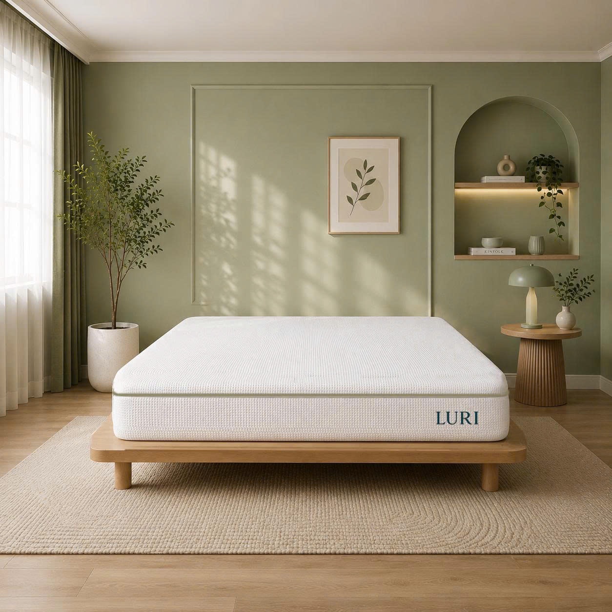 Nệm Foam Massage Luri đặt trên khung giường gỗ trong phòng ngủ tường xanh ô liu