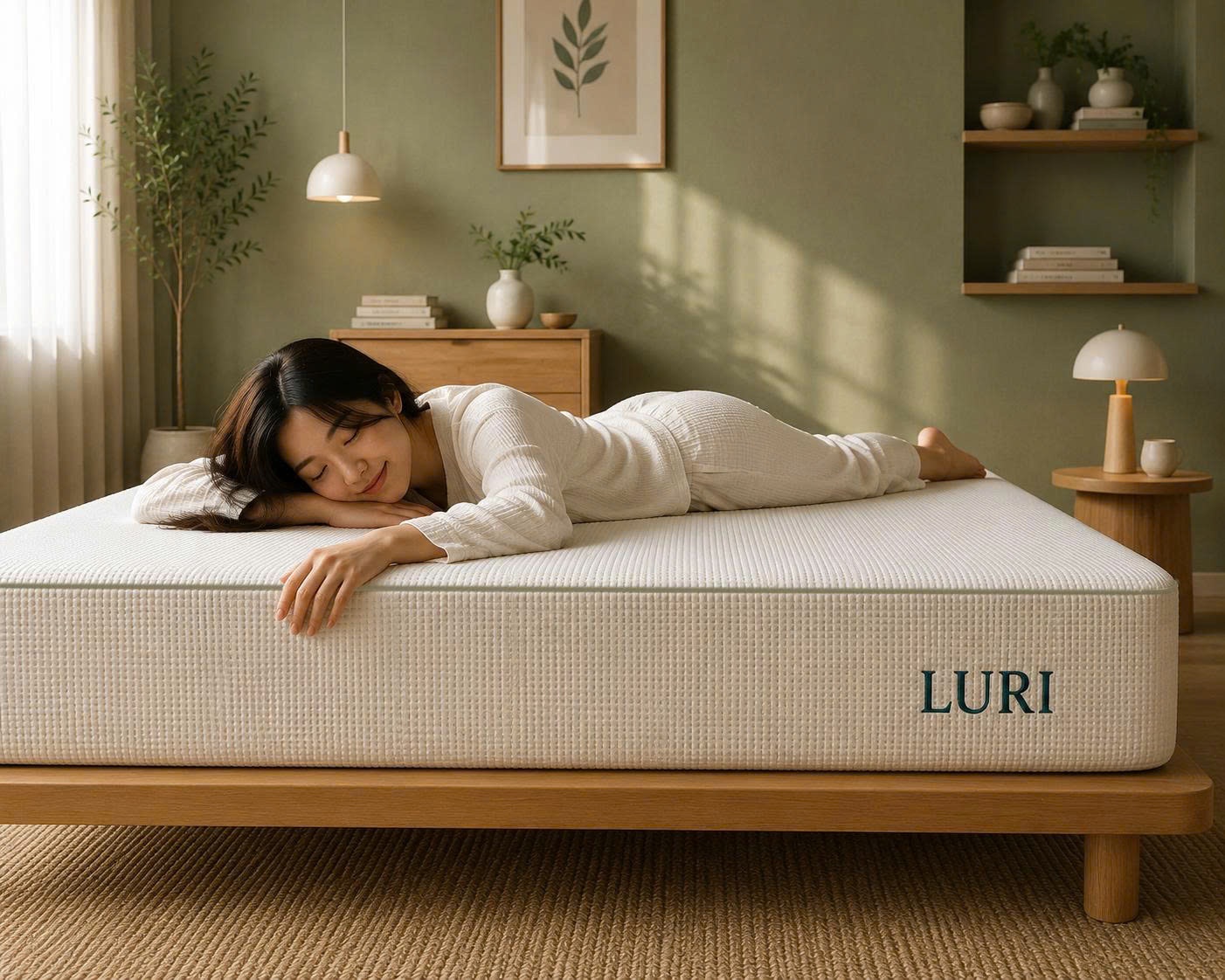 Người nằm nghiêng ngủ trên nệm Luri trong phòng ngủ tường xanh ô liu